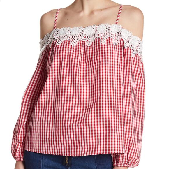 NWT Romeo & Juliet Cold Shoulder Gingham‎ Lace Top - Picture 1 of 8